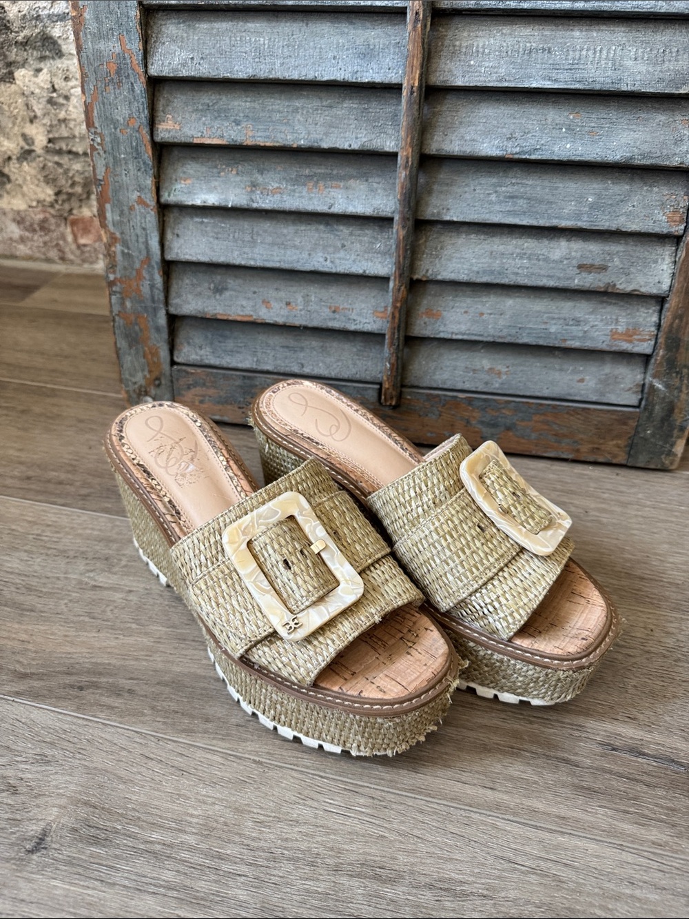 Sam Edelman Beige Woven Buckle Wedge Slides